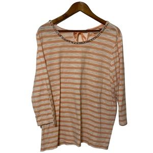 Chico’s Jeweled Neck 3/4 Sleeve Tie Back Detail Striped Shirt